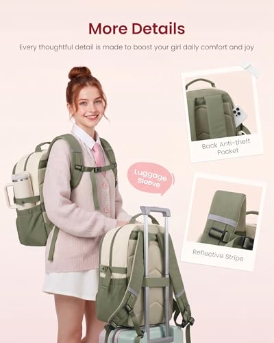 LOVEVOOK School Backpack for Teen Girls, Unique Style College Student Backpacks with Large Cup Holder, Cute Kid Bookbag with Pens Compartment, Large Capacity Back to School Backpack Fit 15.6'' Laptop - color: Pea Green&beige, size: Medium