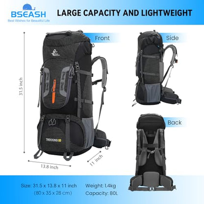 Bseash 80L Waterproof Hiking Camping Backpack with Rain Cover, Lightweight Outdoor Sport Travel Daypack for Climbing Touring (Black) - color: Black