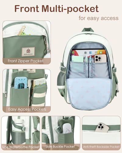 Hidds Laptop Backpack For College Women Elementary Middle High School Bag Teen Girls Bookbag Travel Daypack Backpacks (Green Beige) - color: Green Beige