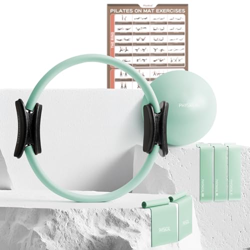 PhysKcal Pilates Kit, 15-Inch Pilates Ring with 1x Core Ball, 3X Resistant Loops and 2X Flex Bands, Home Pilates Equipment Set and Mat Pilates Essential Kit - color: Soft Mint