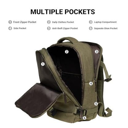 KAUKKO Canvas Travel Rucksack, Large Capacity Carry On Bag with Shoe Pouch and 15.6 inch Laptop Compartment, Flight Approved Outdoor 40L Luggage Weekender Bag, 12-ARMYGREEN - color: 12-armygreen