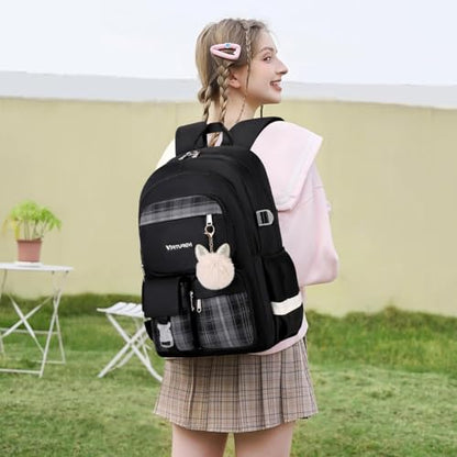 3PCS School Backpack For Student Women College Middle High Teen Girls Bookbag Waterproof Laptop Bag Plaid Black - color: Plaid Black