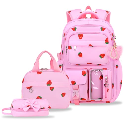 Girls Backpack Set with Lunch Box & Pencil Case, Floral Print Girls School Backpack for Elementary/Middle/High School (Pink-Strawberry) - color: Pink-strawberry