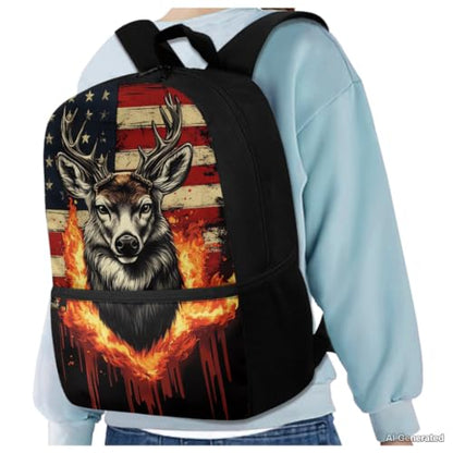 American Flag Deer Backpack for Boys Kids Backpack with Lunch Box Water Bottle Carrier Pencil Pouch 4 in 1 Elementary School Backpacks for Boys Bookbag with Handle Back to School Supplies - color: American Flag Deer
