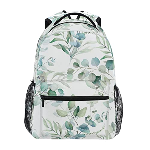 Miaoquhe Sage Green Leaves Backpacks for School Student, Watercolor Eucalyptus Leaf Laptop Backpacks for Kids Boys Girls, Floral Bookbags for Outdoors Travel Hiking Camping - color: Sage Green Leaves