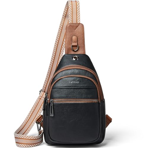 LATMAP 7L Sling Bag For Women Faux Leather Anti Theft Small Casual Daypack Backpack Fanny Pack Crossbody Chest Bags Purse Waterproof - color: 7l-black W/ Brown Trim