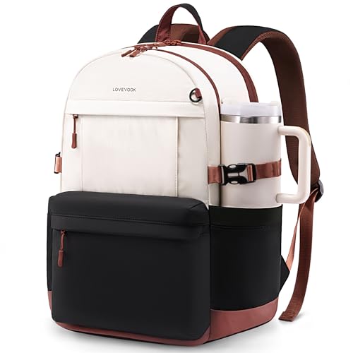 LOVEVOOK Laptop Backpack for Women with Giant Tumbler Holder,18 Inch Laptop Computer Bag Travel Backpack Purse,Waterproof Work Business Backpack College Bookbag Teacher Bags,Beige-Black-Brown - color: Beige-black-brown, size: 18 Inch