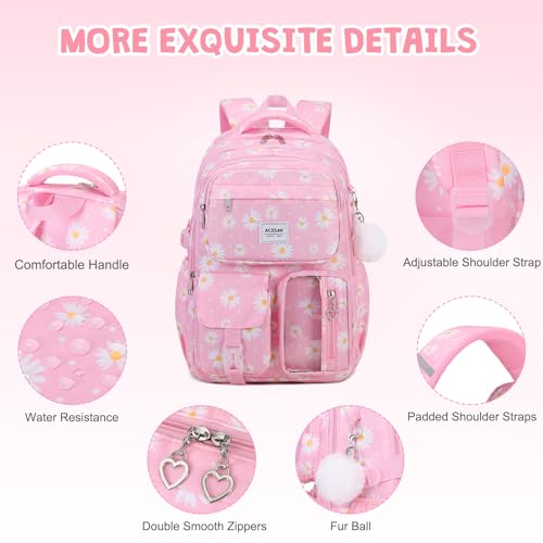ACESAK Backpack for Girls - Girls Backpack with Lunch Bag & Pencil Pouch for Teen Kids Laptop Backpack for Women, Elementary Middle High School Bookbag Travel Daypack (Pink Daisy) - color: Pink Daisy