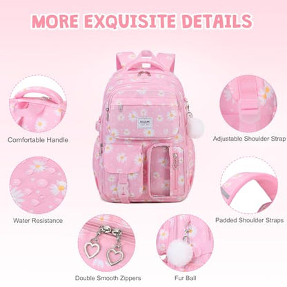 ACESAK Backpack for Girls - Girls Backpack with Lunch Bag & Pencil Pouch for Teen Kids Laptop Backpack for Women, Elementary Middle High School Bookbag Travel Daypack (Pink Daisy) - color: Pink Daisy