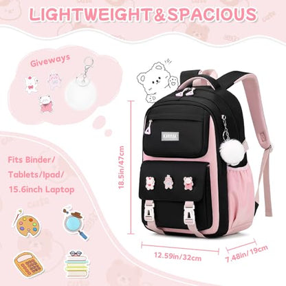 Girls Backpack, Kids Backpack for Girls with Anti-theft Back Pocket, Lightweight School Back pack, Watrer Resistant, Bookbag for Elementary Primary School, Black Pink - color: Black Pink