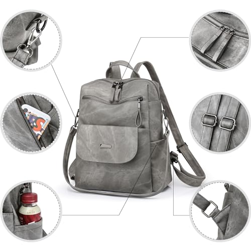 Backpack Purse for Women, PU Leather Backpack Purse, Fashion Travel Anti Theft Backpack, Multipurpose Lightweight Waterproof Convertible Purse Shoulder Bag Handbag, Grey - color: Grey