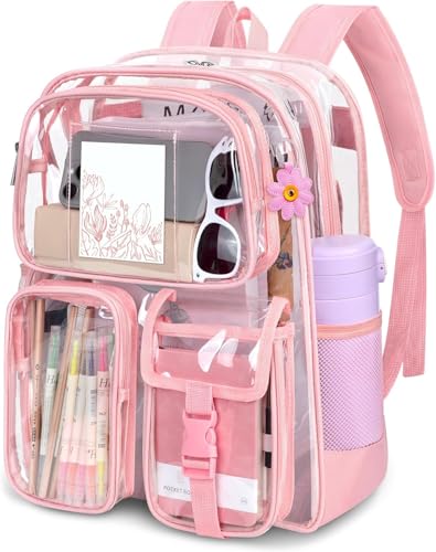 Attmu Clear Backpack for School, Heavy Duty PVC Transparent Bookbag with Reinforced Straps Stitches, Clear Bag for Stadium Events Girls Boys, Large Capacity Backpack for Security College Work - Pink - color: Peach Pink, size: 17*12*5