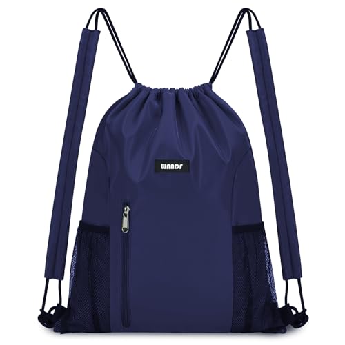 WANDF Drawstring Backpack with Shoulder Pad Sports Gym Backpack with Mesh Pocket String Bag for Women Men (Navy Blue) - color: M, Navy Blue, size: Medium