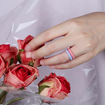 Egnaro Silicone Wedding Ring for Women,Thin and Stackble Braided Rubber Wedding Bands,No-Toxic,Skin Safe - color: 21-Pink Camo, Honey Red, Mint Green, Sky blue, light purple-blue, White, peach pink, size: 6.5-7