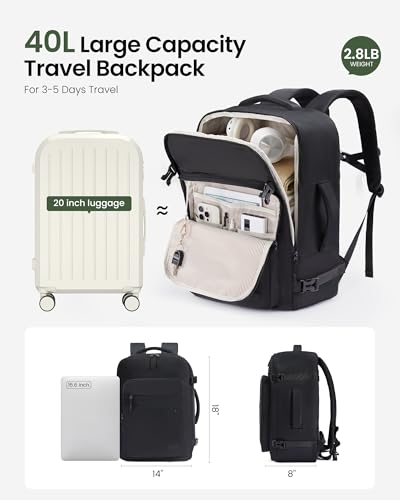 LOVEVOOK 40L Carry on Backpack, Large 17 Inch Travel Backpack for Women Men, Personal Item Bag Airline Approved with 3 Packing Cubes, Hiking Backpack Waterproof Weekender Essentials Casual Daypack - color: Black, size: 40L-4PCS