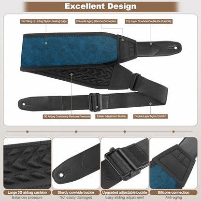 Guitar Straps for Electric Guitar Bass, Smooth Guitar Strap, 3" Wide Padded Straps with 3D Sponge Filling, Comes with 4 Picks + 2 Strap Locks + 1 Headstock Tie + 1 Tie Rope, Blue - color: Smooth Blue