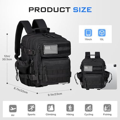 Boomistry 15L Mini Tactical Backpack Small Tactical Backpack for Men and Women, Military Backpack for Gym, Hiking, Daily (Black-15L) - color: Black-15l