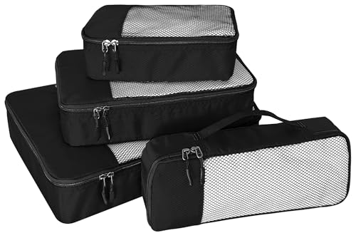 WTREE 4-Piece Packing Cubes Travel Accessories Set for Suitcases - Luggage Organizer Bags with Double Zipper - Mesh Top - Small/Medium/Large/Slim - Black - color: Black, size: Slim, Small, Medium, Large