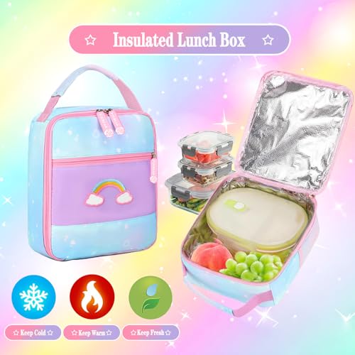 Jcobvig 3Pcs Kids Backpack For Girls,Cute Rainbow Student School Backpack With Lunch Bag Pen Bag Set (Blue Medium 16.5in - color: Blue, size: Medium