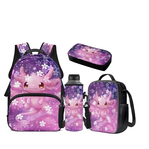JEOCODY Axolotl Girls School Bag with Lunch Bag Pencil Case and Water Bottle Holder 4 PCS Backpack Accessories School Daypack Travel Bag Satchel Bagpack - color: Cherry Blossom Axolotl Printed