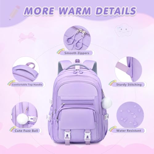 GeeWin Girls Backpack, 15.6" Laptop Backpack Schoolbag for Girls Teens Kid Children Elementary Middle School Student, Waterproof Stylish Girl Bookbag with Insulated Lunch Bag & Pencil Bag (Purple) - color: Purple Buckle