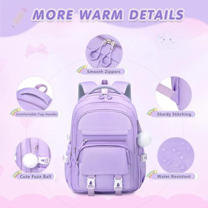 GeeWin Girls Backpack, 15.6" Laptop Backpack Schoolbag for Girls Teens Kid Children Elementary Middle School Student, Waterproof Stylish Girl Bookbag with Insulated Lunch Bag & Pencil Bag (Purple) - color: Purple Buckle