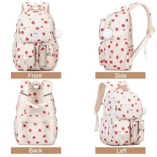 ACESAK Backpack for Girls - Girls Backpack with Lunch Bag & Pencil Pouch for Teen Kids Laptop Backpack for Women, Elementary Middle High School Bookbag Travel Daypack (Beige Strawberry) - color: Beige Strawberry