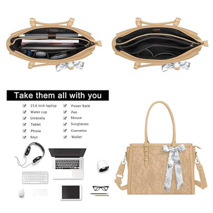 MOSISO Laptop Bag for Women, 17-17.3 inch PU Leather Tote Bag Compatible with MacBook, HP, Dell, Asus Notebook, Front Embossed Retro Hibiscus Computer Bags with Silk Scarf&Clutch Purse, Apricot - color: Apricot, size: 17.3 inch