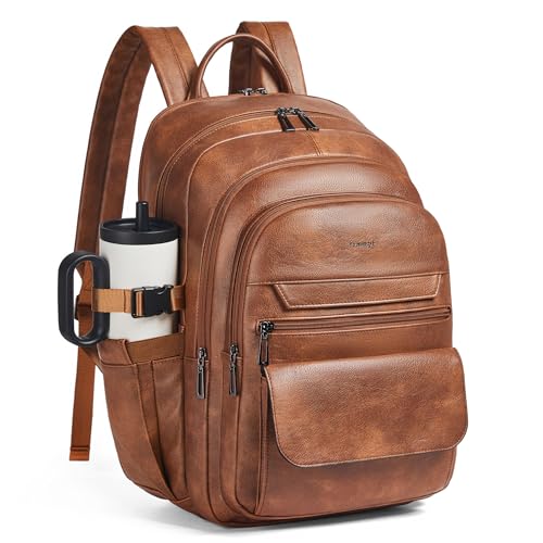 Vegan Leather Backpack, TSA Travel Backpack for Men and Women, Fits 17.0 Inch Notebook with Luggage Strap and USB Port, Brown - color: Brown