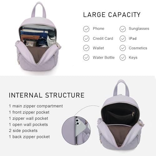Quilted Small Backpack for Women PU Leather Casual Handbag Daypack Purse - color: Purple