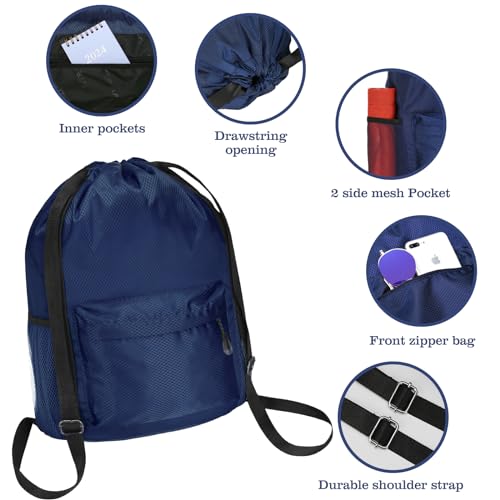 Waterproof Drawstring Bag, Lightweight String Backpack with Water Bottle Holder and Pockets, Gym Sports Cinch Sackpack (Blue) - color: Blue