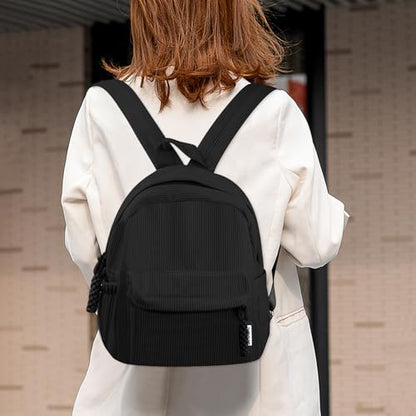 Women’s Small Backpack, Ladies Lightweight Corduroy Backpack, Casual Multi Compartments Travel Daypack Purse (Black) - color: Black