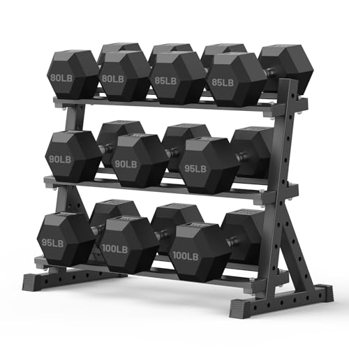 PAPABABE Hex Dumbbell Set with Rack, Rubber Encased Free Weight with Weight Storage Racks, Multiple Weight Options for Home Gym and Fitness - style: 900LB with 3-Tier Weight Rack