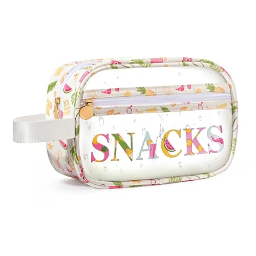 COSHAYSOO Clear SNACKS Bags Travel Pouch for Women Girls Cute Summer Beach Vacation Pool Lake Day Must Have Essentials, Teens Camp Gym Sports Park Trip Accessories Gift Bag Stuffers - color: Beige SNACKS