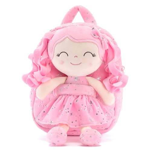 Gloveleya Kids Backpack Toddler Girl Gift Plush Curly Hair Doll Backpack with Glittery Pink Dress and Star Accents 9 Inches - Perfect for Preschool and Day Trips - color: A0033pink, size: 9 inches