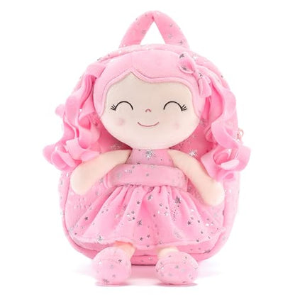 Gloveleya Kids Backpack Toddler Girl Gift Plush Curly Hair Doll Backpack with Glittery Pink Dress and Star Accents 9 Inches - Perfect for Preschool and Day Trips - color: A0033pink, size: 9 inches