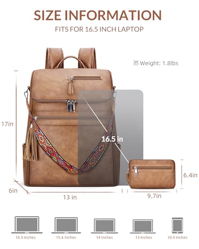 SYTRAH Leather Laptop Backpack for Women Designer Laptop Bag, 16.5 inch Travel Computer Backpacks Purse with Tassel for Work Business with Satchel Purse Brown - color: Brown