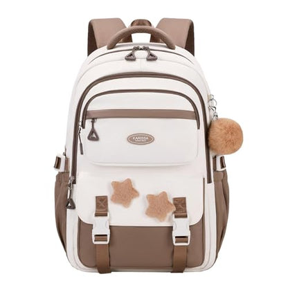 Kids Backpack for Girls, School Bags Bookbag for Girls Elmentary Middle School, with Furry Pendant, A08-Coffee - color: A08-coffee