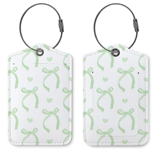 Coquette Sage Green Bow Luggage Tags for Suitcases 2 Pack, Cute Sage Green Bow Heart Pattern PU Leather Bag Tag with Privacy Cover Stainless Steel Loop, Travel Gifts for Women Teen Girls - color: Sage Green Bow