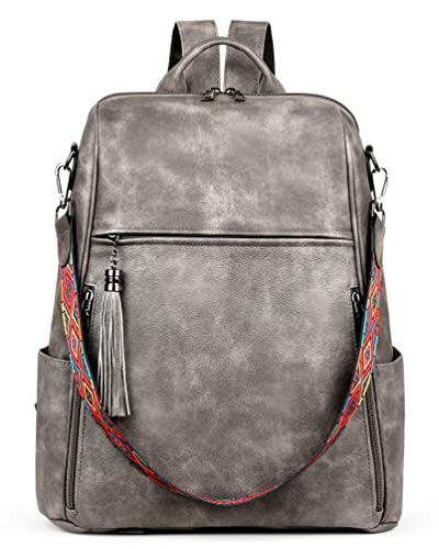 FADEON Leather Laptop Backpack for Women Designer 15.6 inch PU Laptop Bag, Ladies Travel Computer Work Backpack Grey - color: Charcoal Grey Retro Style