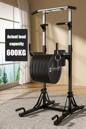 Foldable Power Tower Pull Up Bar And Dip Station, Multi-Function Strength Training Fitness Workout Station,Adjustable Height Dip Stand for Home Gym,600KG Load Capacity - color: Silver