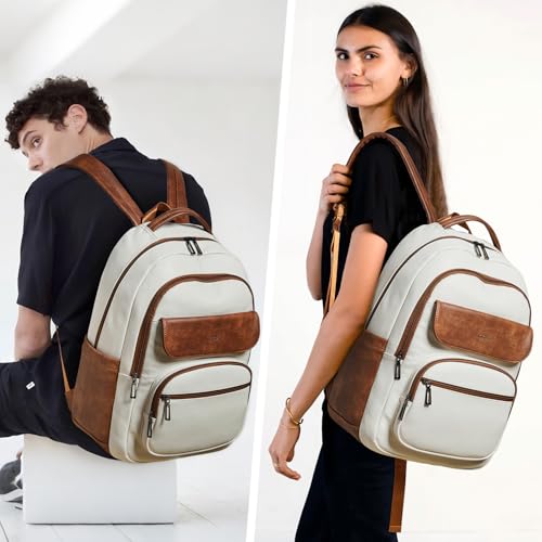 Leresas 37L Backpack Purse for Women Mens Teacher Bag Work Travel Back Pack Vegan Leather Laptop College Daypack Business Computer Book Bag Beige - color: Beige