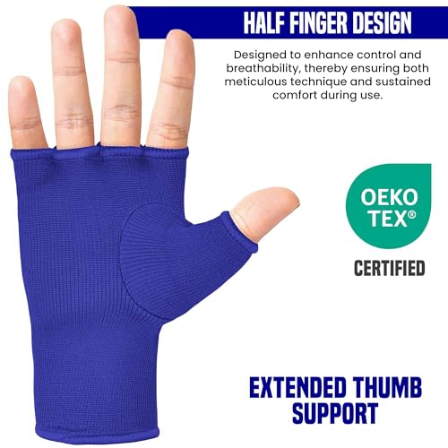 RDX Boxing Hand Wraps Inner Gloves Men Women, Half Finger Elasticated Bandages, Under Mitts Fist Protection, Muay Thai, Kickboxing, MMA, Martial Arts Speed Bag Punching Training - color: Blue White, size: Medium