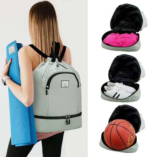 Kamo Drawstring Backpack Bag - Sport Swimming Yoga Backpack with Shoe Compartment, Two Water Bottle Holder for Men Women Large String Backpack Athletic Sackpack for Travel - color: Reseda