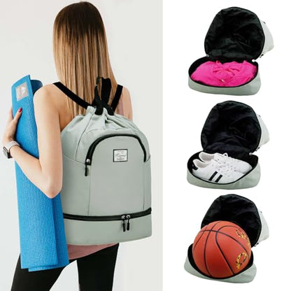 Kamo Drawstring Backpack Bag - Sport Swimming Yoga Backpack with Shoe Compartment, Two Water Bottle Holder for Men Women Large String Backpack Athletic Sackpack for Travel - color: Reseda