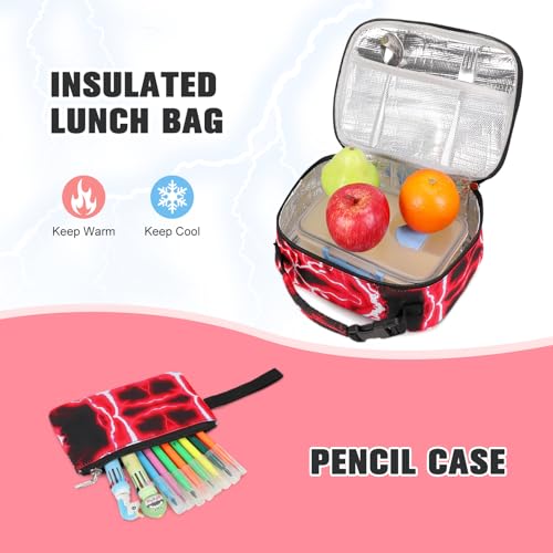 Bevalsa Backpack for Boys, Lightning School Bags with Lunch Bag & Pen Case for Kids, Bookbag for Boys Teens Elementary Middle High School - color: Red
