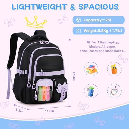 Girls Backpack, 17-Inch Bookbag for Middle & Elementary School, Kawaii Kids Backpack for Girls Ages 6-12(Black Purple) - color: Black Purple
