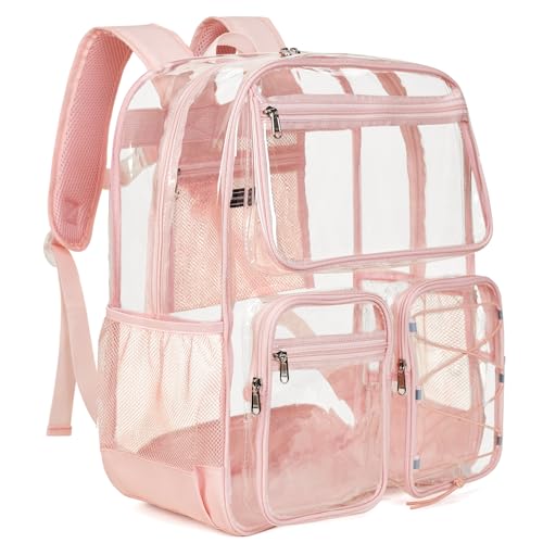 Vorspack Clear Backpack for School - Heavy Duty Clear Bookbag for Girls Boys Extra Large Multi-Pocket See Through Backpacks for Teens, Travel, Work, Festival - Light Pink - color: Light Pink, size: X-Large