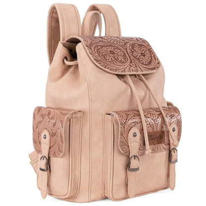 Montana West Wrangler Backpack Purse for Women Men Western Backpack Floral Tooled Travel Bags - color: Carve Tan
