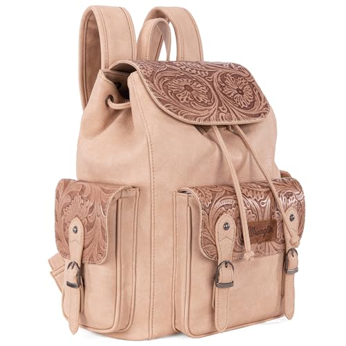Montana West Wrangler Backpack Purse for Women Men Western Backpack Floral Tooled Travel Bags - color: Carve Tan